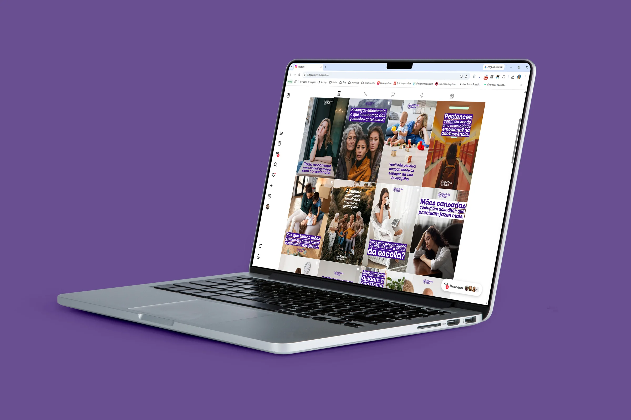 Grade de posts criados para o perfil da Betânia Leão exibida em mockup de notebook